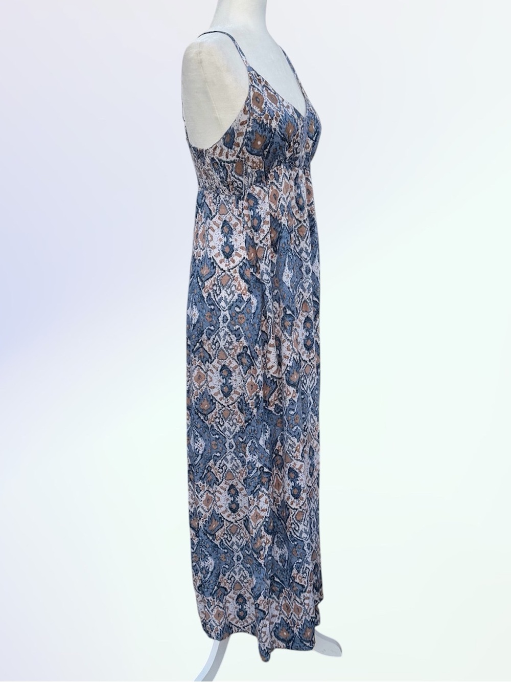 Angie Blue and Beige Ikat Print Babydoll V-Neck Spaghetti Strap Maxi Dress ~ L - Picture 2 of 8
